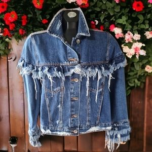 ZARA Trafaluc Denim Blue Jean Fringe Boho Jean Jacket